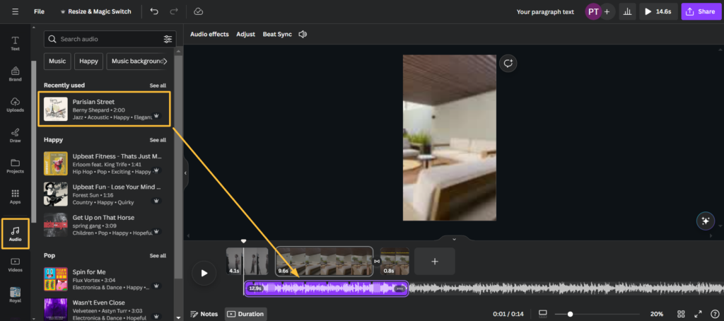 how to add audio into videos in canva